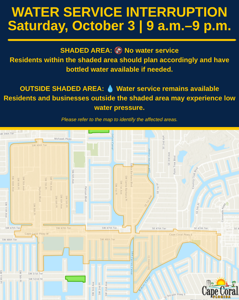 Map showing affected residents of low water pressure. The affected area includes properties on both sides of Cape Coral Parkway between Palm Tree Boulevard and Chiquita Boulevard, including customers within the planned shutdown area.